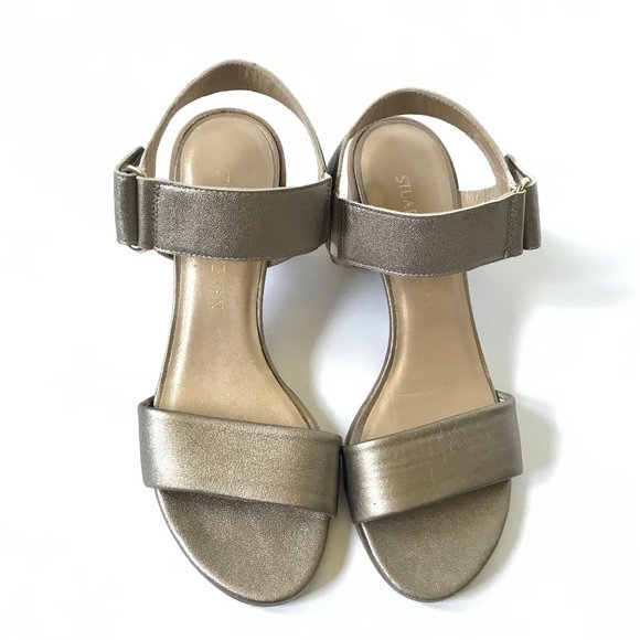Stuart Weitzman Sandals Womens 6.5 Metallic Pewter Gold Leather Open Toe Shoes - Picture 2 of 13